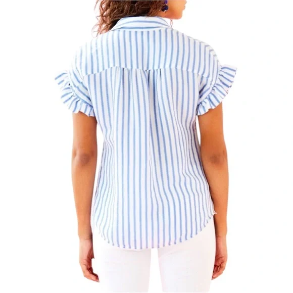 Lilly Pulitzer Leighton Shirt in Bennet Blue Beachy Yard Stripe Sz M - Picture 2 of 12